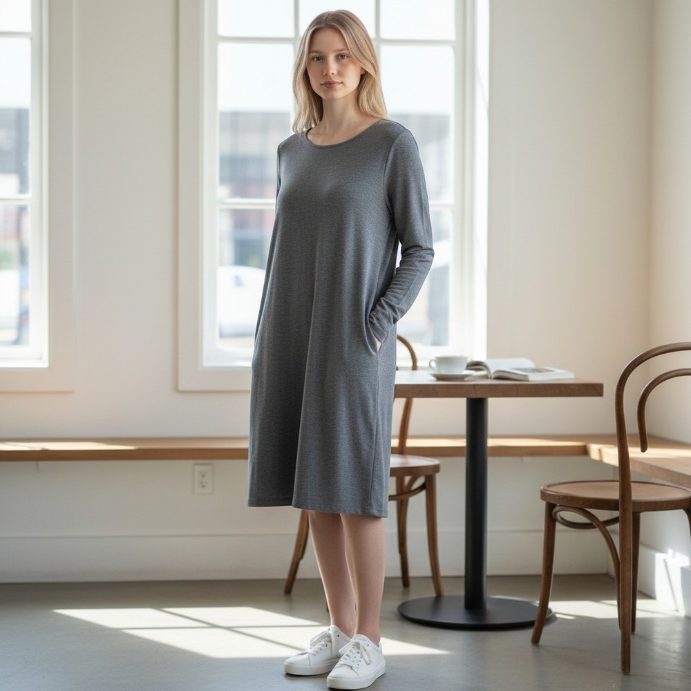 Eileen Fisher Gray Long Sleeve Scoop Neck Shift Dress with Pockets S/P Lagenlook